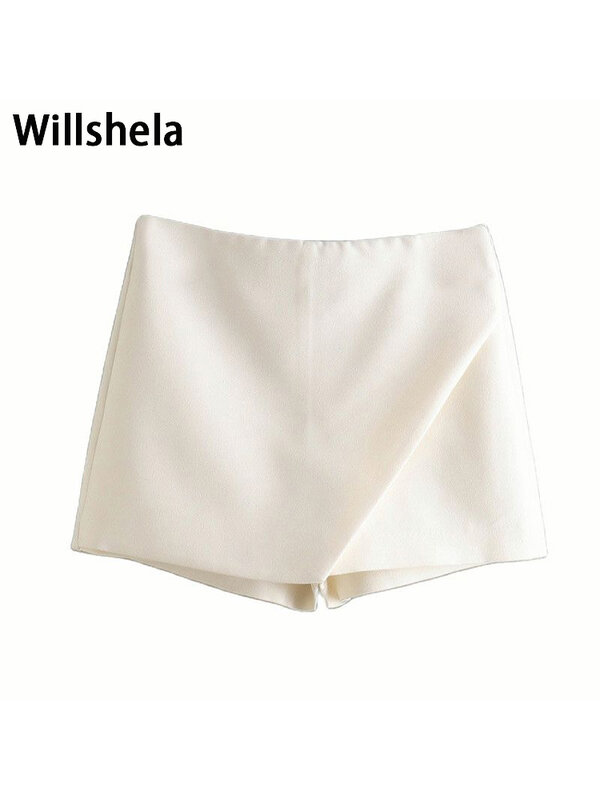 Willshela Damesmode Asymmetrische Shorts Rokken Hoge Taille Achterzakken Met Rits Aan De Zijkant Vintage Vrouwelijke Skort