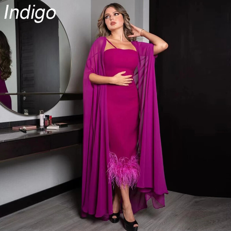 Indigo Evening Dresses Feathers Spaghetti Tea-Length Women Elegant Formal Party Dress 2023 robe de soiree فساتين السهرة