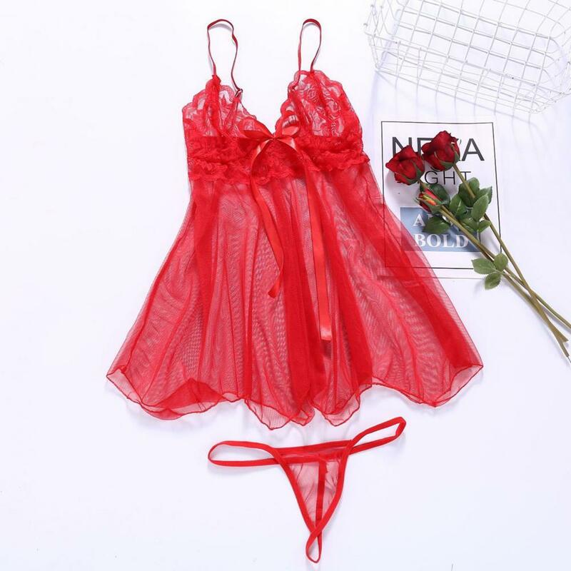 Женское пикантное Прозрачное платье, Пижама, сексуальное нижнее белье, ночная рубашка с ажурными подтяжками и стрингами, комплект эротической экзотической одежды, 2 шт.