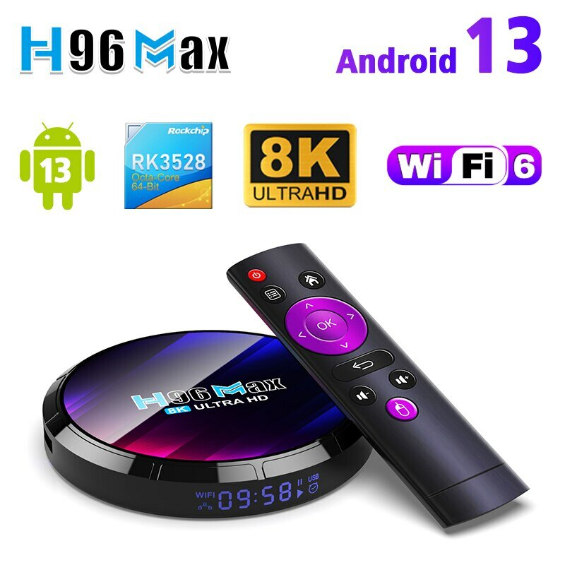 กล่องทีวีแอนดรอยด์ RK3528 H96MAX กล่องแอนดรอยด์รองรับ BT5.0 WiFi6 2.4G/5.8G ชุดวิดีโอ4K กล่องทีวีถอดรหัสและเล่น24Fps 8K