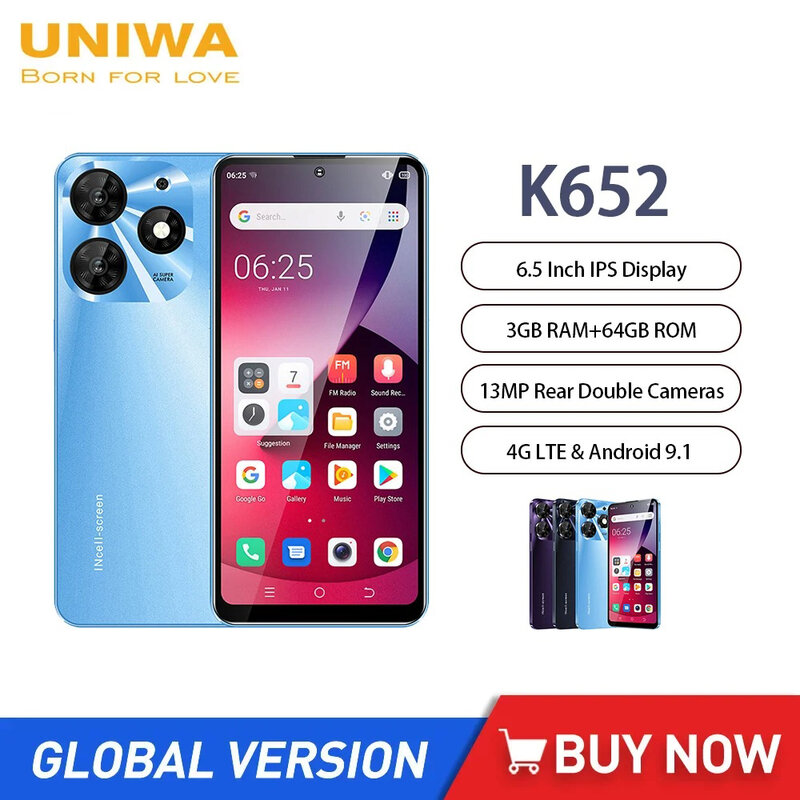 Global Version UNIWA K652 Ultra-Slim 4G Smartphones 6.53 Inch Quad Core 3GB+64GB Cheap Android Mobile Phone 3250mAh 13MP Camera