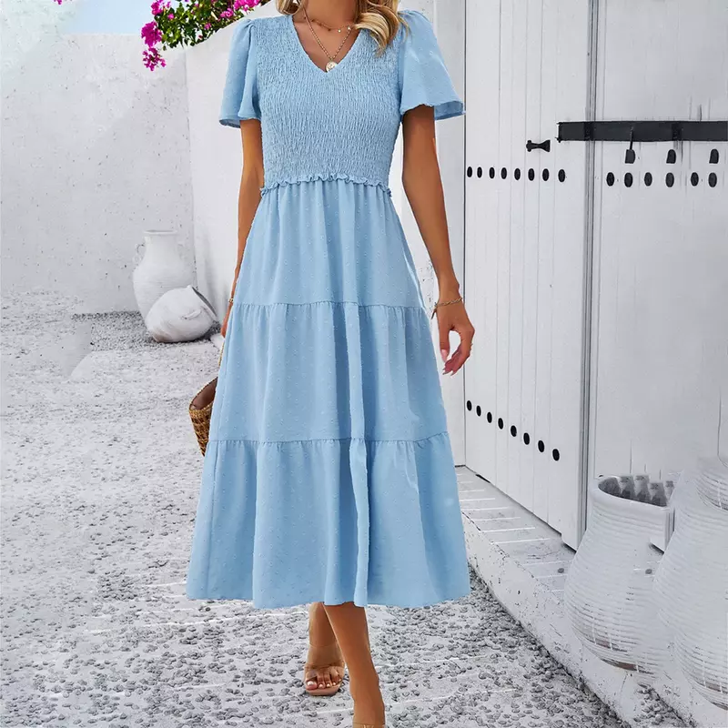 Yeae einfarbiges Kleid mit V-Ausschnitt langes Kleid Polka Dot ausgestellte Ärmel Pullover Wade Taille Rock Kleid Pendler lässig Urlaub in neu