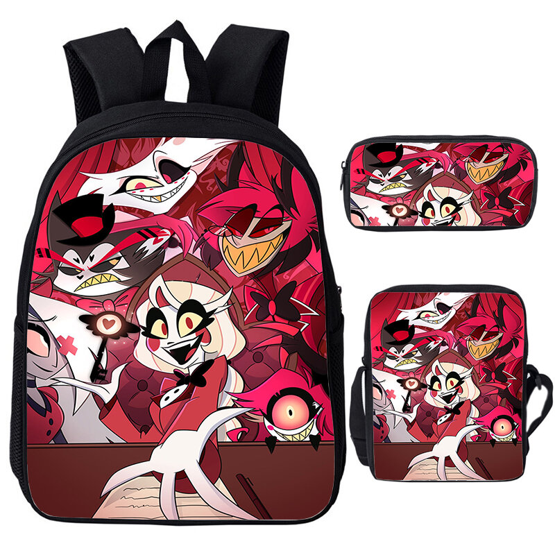 Funny Cartoon Hazbin Print School Bags 3pcs Set Students Large Capacity Bookbag Boys Girl Anime Backpack Shoulder Bag Pencil Bag