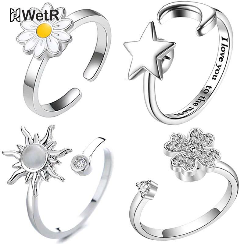 Anillo de flores giratorias para mujer, anillos giratorios, joyería de apertura ajustable, regalo para niña
