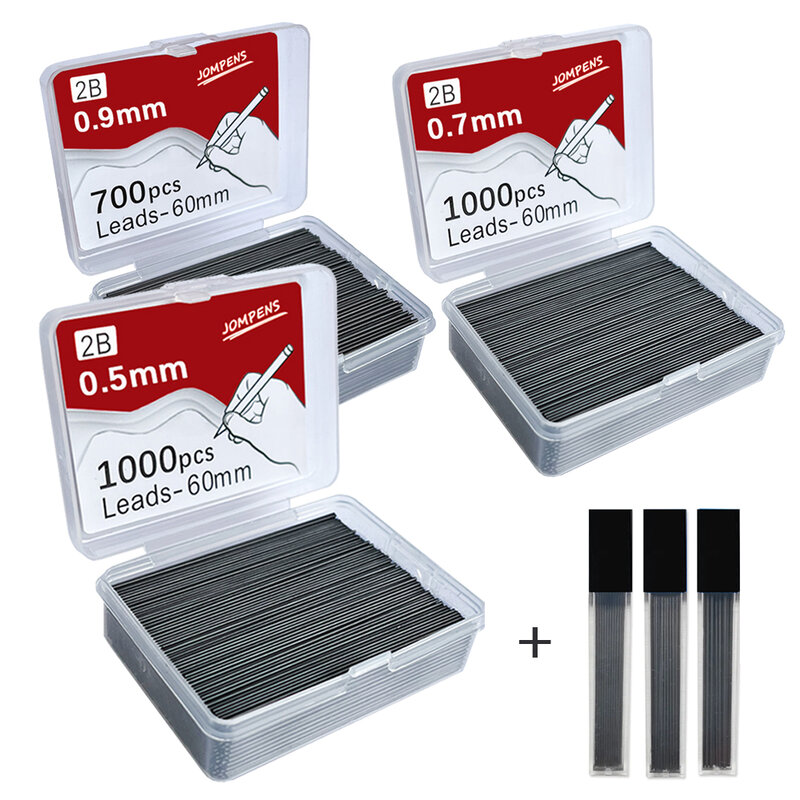1000 buah Pensil mekanis timbal 0.5 0.7 0.9mm 2B 60mm seni gambar otomatis pensil dapat diganti isi ulang dengan 2 tabung alat tulis