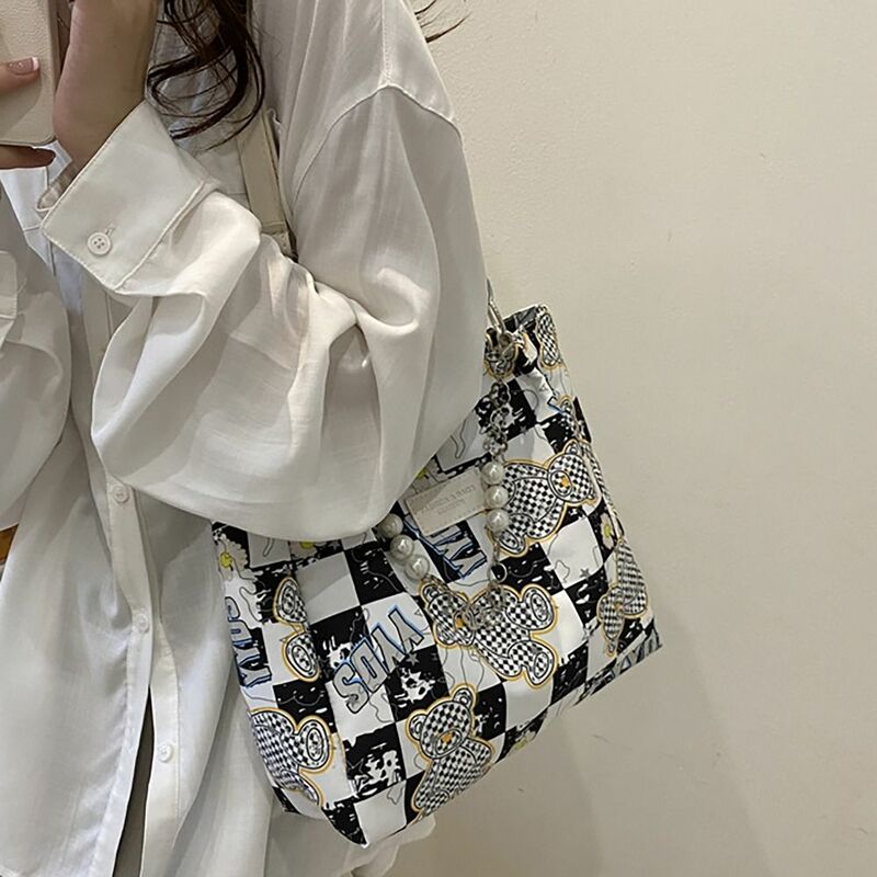 Checkerboard Shoulder Bag Vintage Large Capacity Oxford Cloth Handbag Pearls Chain Commuting Bag College Student