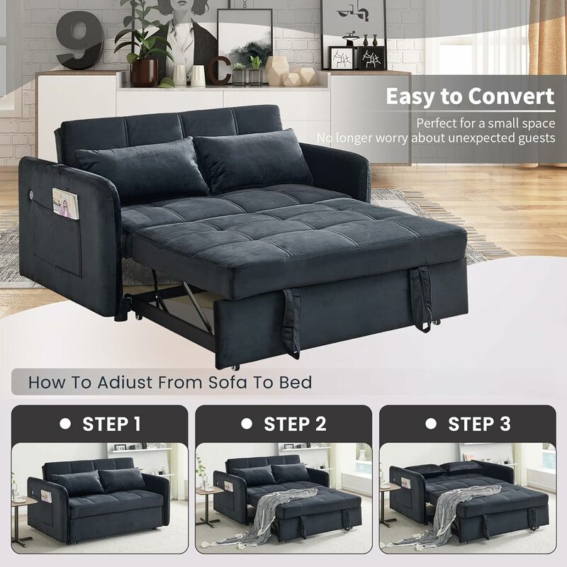 Loveseat-sofá cama extraíble 3 en 1, respaldo ajustable, puertos, cojines de esponja resistentes para sala de estar y dormitorio