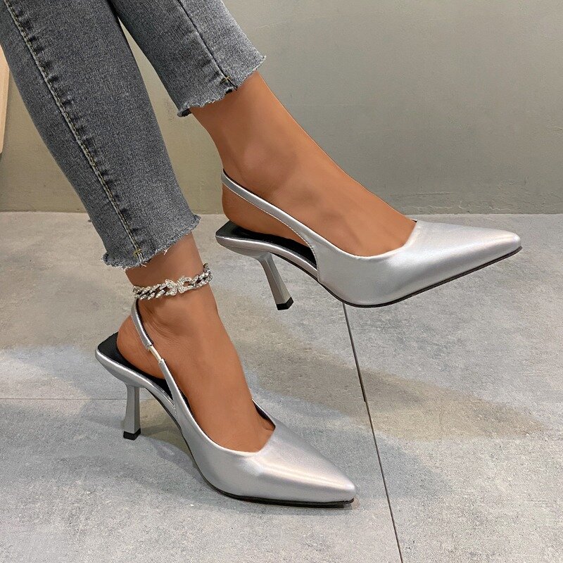 Sandal Slip-On hak tinggi untuk wanita, sandal selop kantor nyaman sehari-hari musim semi ujung lancip, sandal desainer Mode macan tutul untuk wanita
