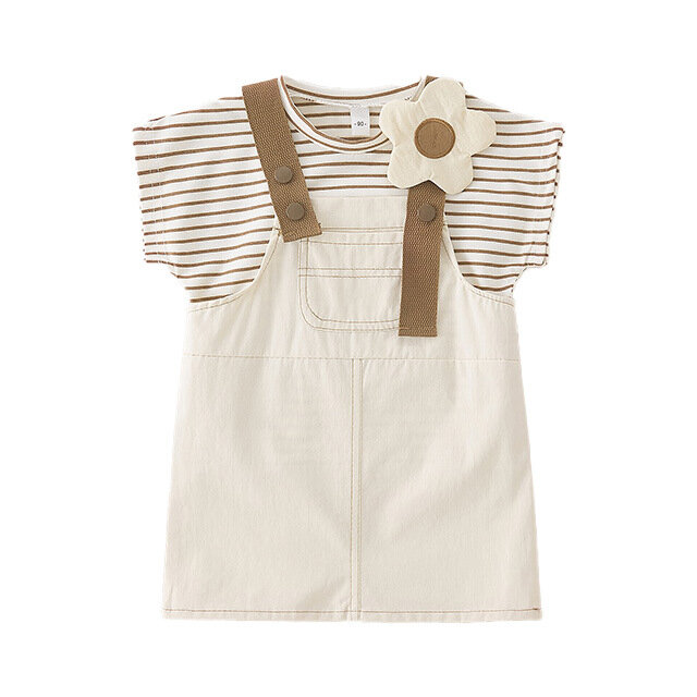 Baby Girls 2PCS Clothes Set Summer Striped Round Collar Cotton Tops 3D Floral Pocket Suspender Skirt Suit Newborn Girls Outfits