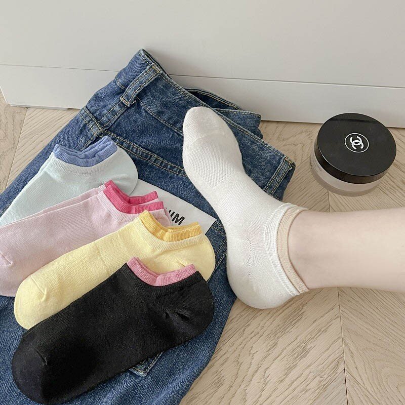 Socks Women's Double Ribs Japanese Color Matching Sweet Kawaii Simple Solid Light Mouth Invisible Women's Cotton Socks S102