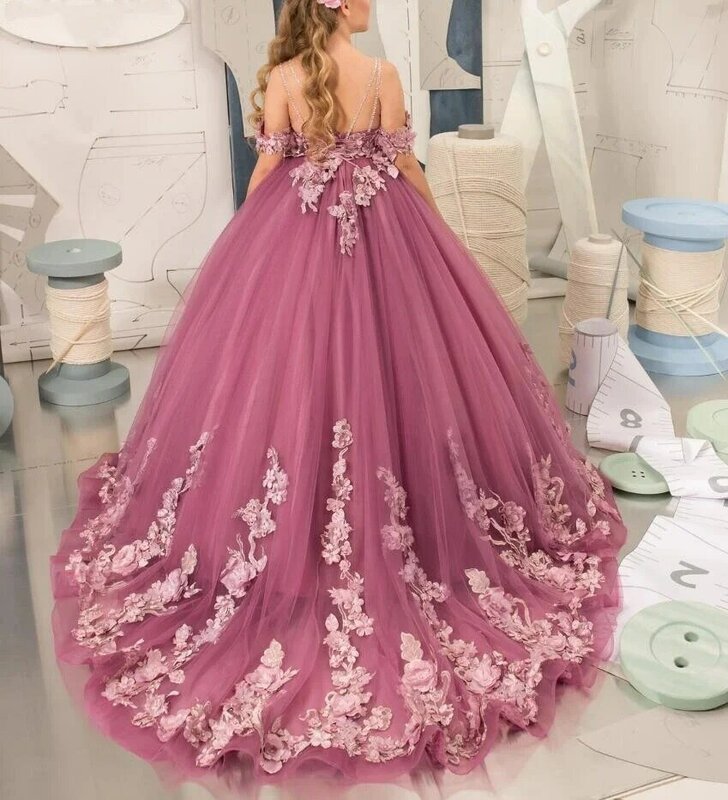 Elegantes Blumen mädchen kleid für Hochzeits applikation ärmellose Tüll geschwollene Geburtstags feier Kinder Fotoshooting Ballkleid Abschluss ball tragen