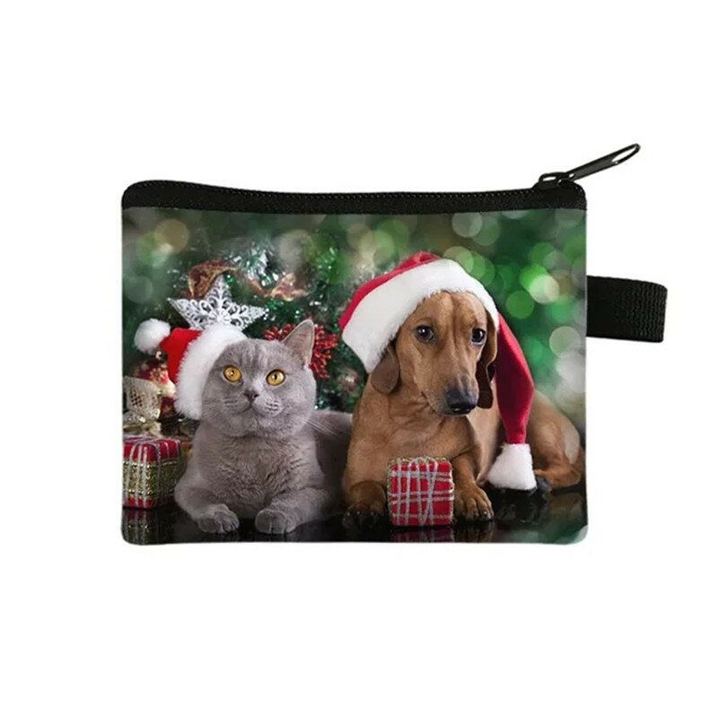 Tas uang motif hewan Selamat Natal tas koin/Kucing/Hamster lucu dompet kartu kredit tas hadiah pembalut wanita