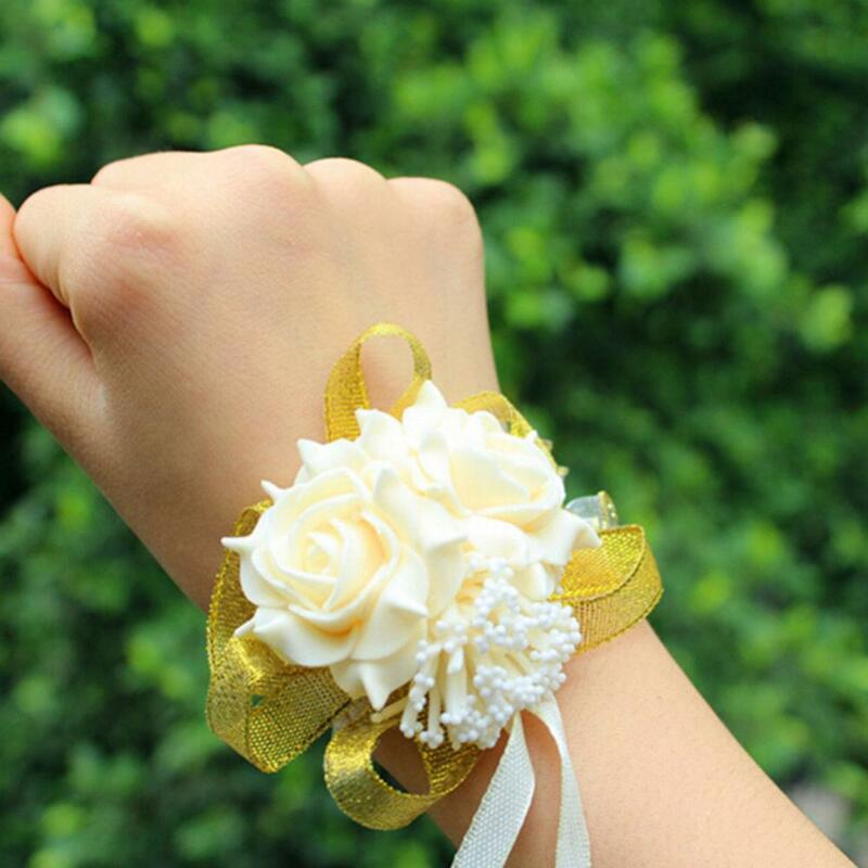 Yarn Foam Rose Flowers Bridesmaid Wrist Corsage Wedding Party Ribbon Bracelet Bridal Wrist Corsage