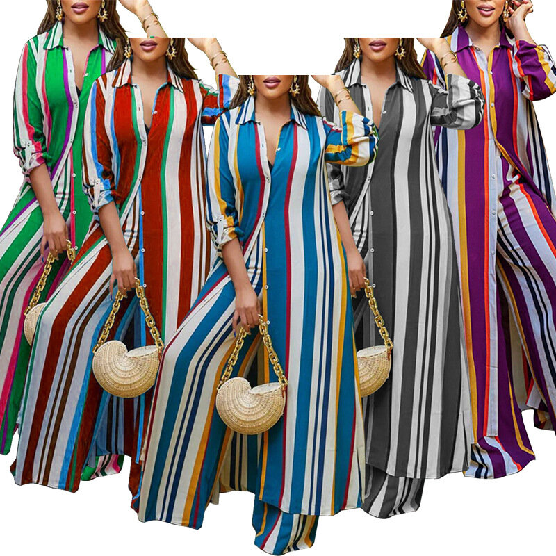 2023 الخريف الربيع المرأة الأفريقية طويلة الأكمام الخامس الرقبة البوليستر 2 قطعة قميص علوي طويل بانت مطابقة مجموعات XL-5XL النساء الملابس الأفريقية
