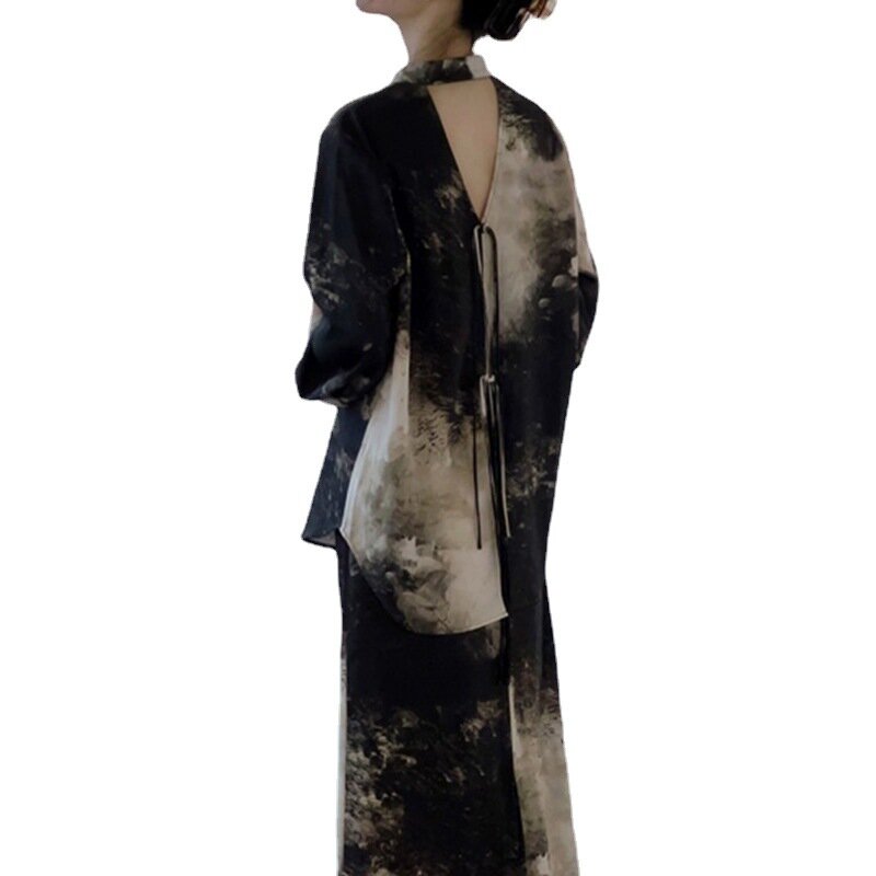 Chiński styl w stylu Retro w stylu ludowym Zen druk atramentowy efekt drapowania spódnica z nadrukiem garnitur damski, wiosenny i lato