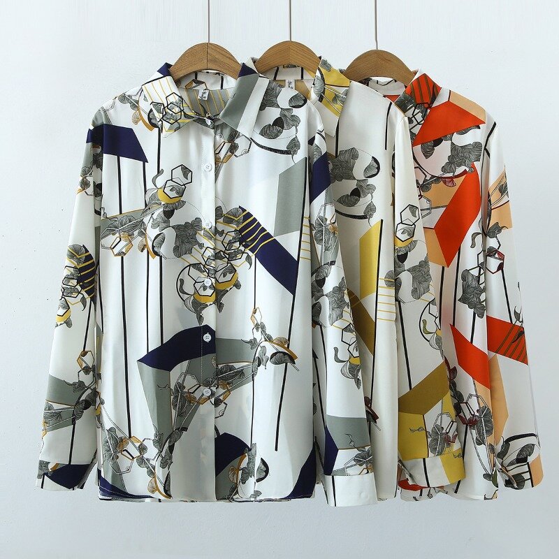 Blusa de gasa de manga larga con botones para mujer, camisa con cuello vuelto, informal, holgada, para otoño, 2023