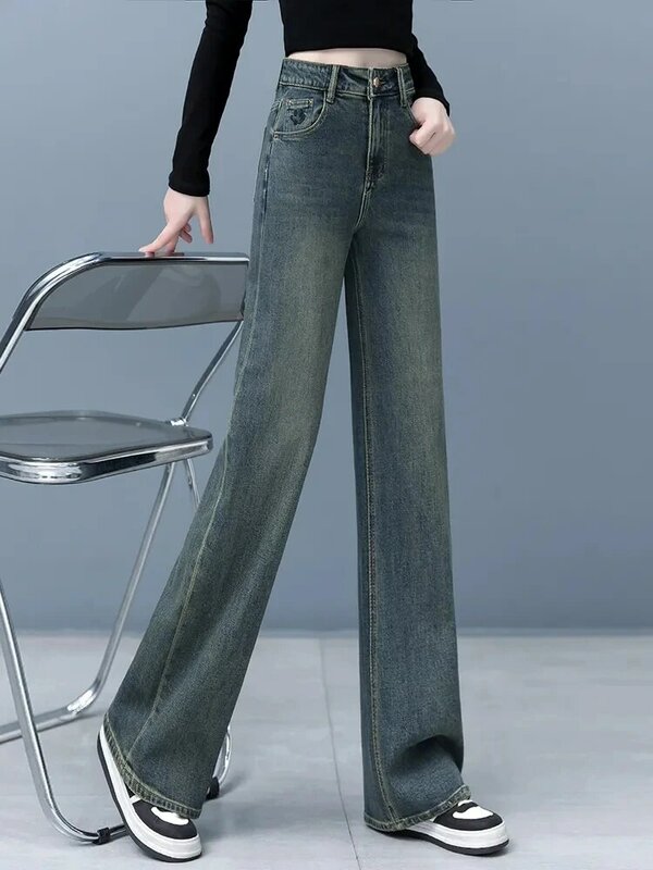 Jeans reto de cintura alta para mulheres, calças jeans soltas para senhoras, roupas de rua vintage, calças largas, 2024
