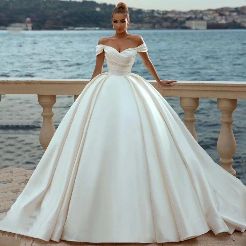 Flavinke Sexy White Sweetheart Wedding Dresses 2024 Off Shoulder Sweep Train Bride Dress Lace Up Back Elegant Satin Wedding Gown