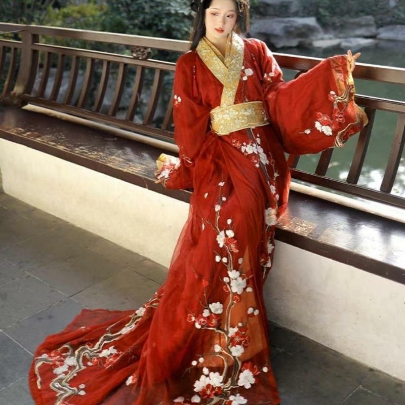 Hanfu jubah lurus bordir bunga Plum, jubah Hanfu depan indah gaya Tiongkok, Hanfu dekorasi bunga temperamen elegan baru untuk wanita