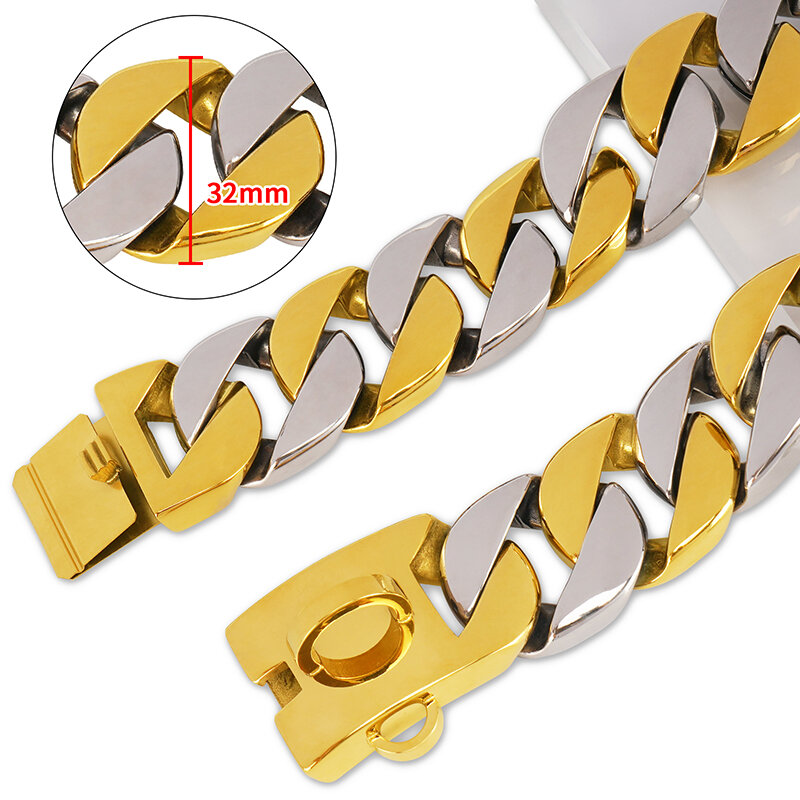32MM Dog Chain Collars Strong Stainless Steel Metal Choker Pitbull Gold Pet Necklace For Large Dogs