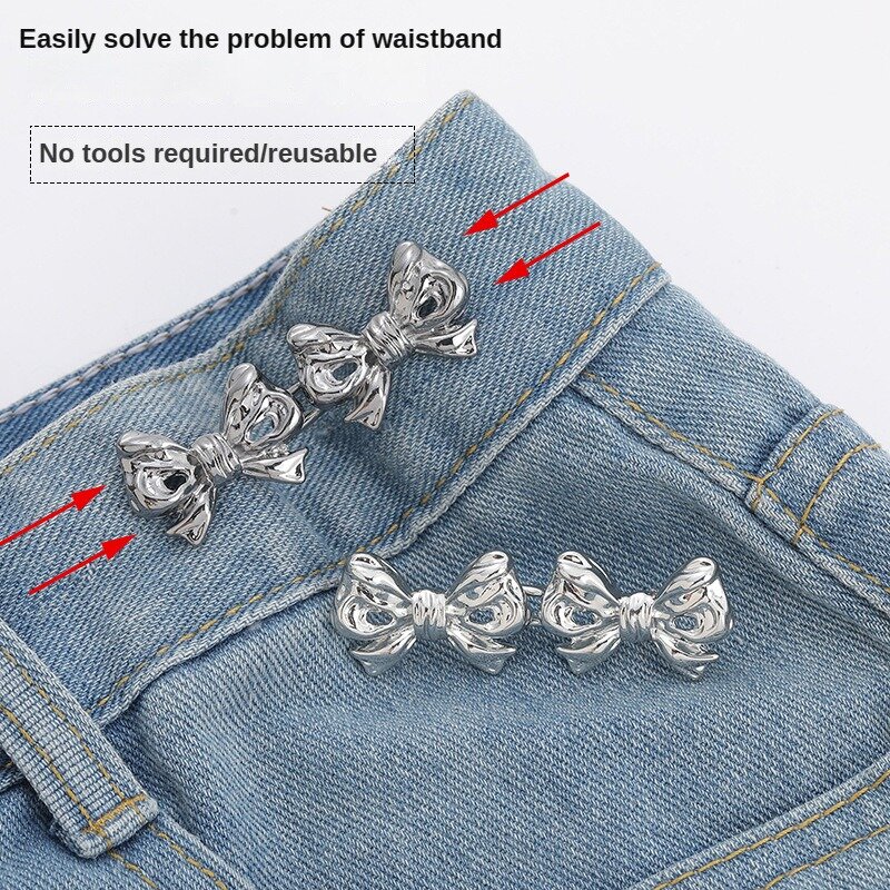 2024 1pair Bow Pants Button Waist Tightening Clip Adjustable Clasp for Jeans Detachable Buckle Metal Pin Accessories Skirt Women