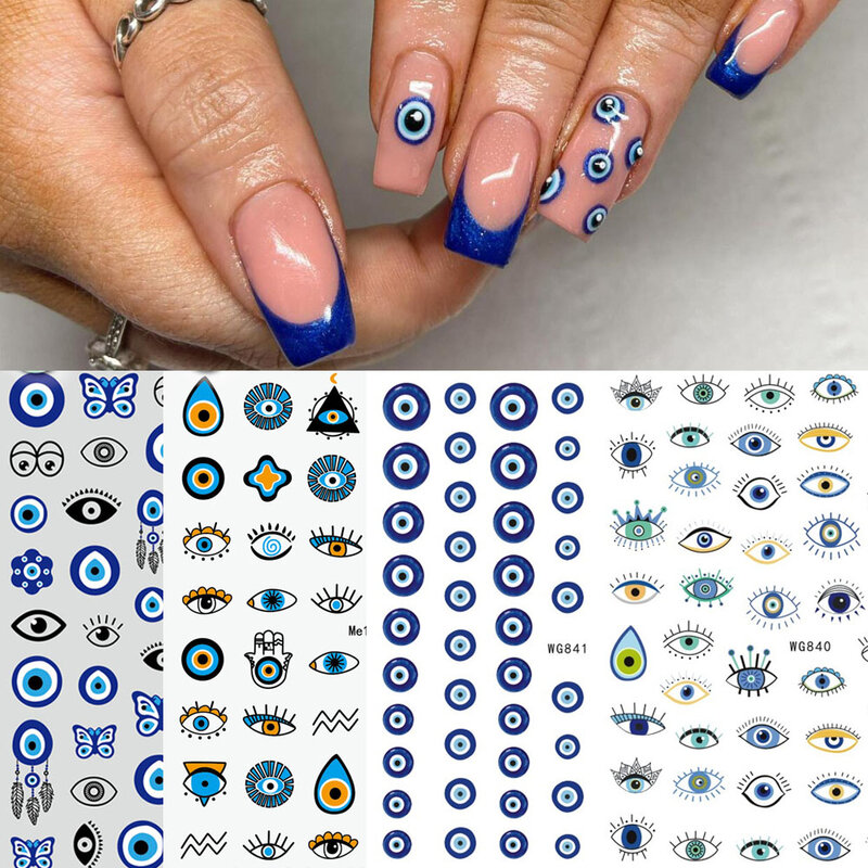 Calcomanías de Arte de uñas con diseño de mal de ojo azul 3D, dijes autoadhesivos, deslizadores de línea abstracta, decoración de uñas coloridas, 1 hoja