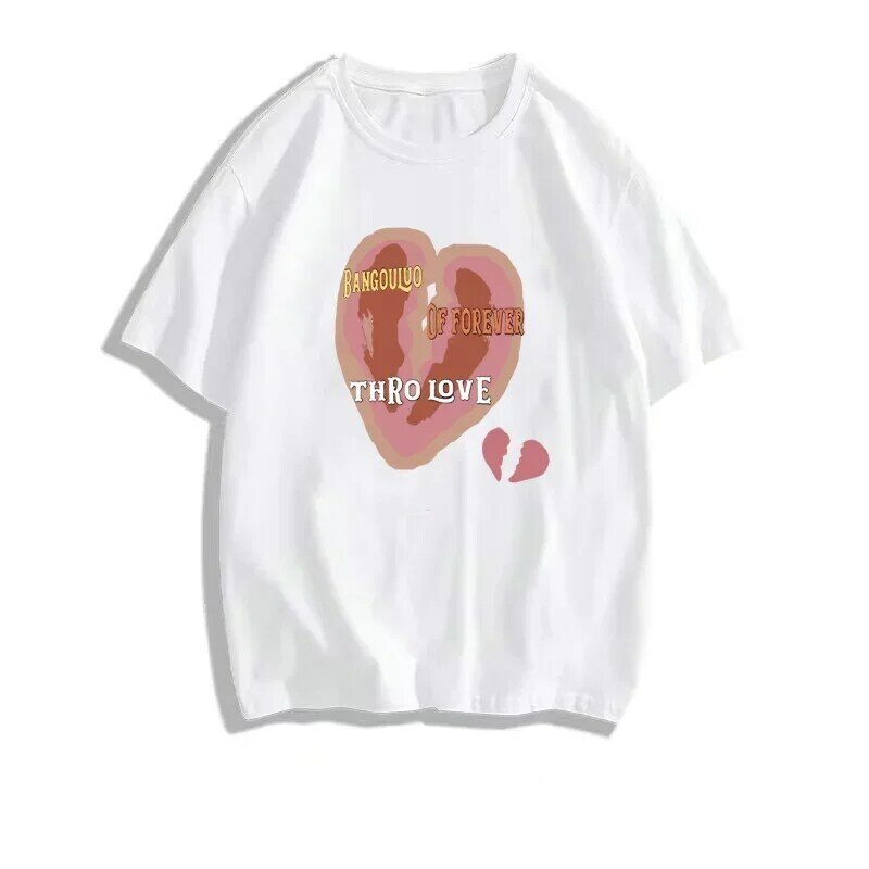 Camiseta de mangas curtas feminina com estampa de coração, camiseta feminina com gola O, básico casual, tops Harajuku, preto e branco, nova tendência, Y2k, verão