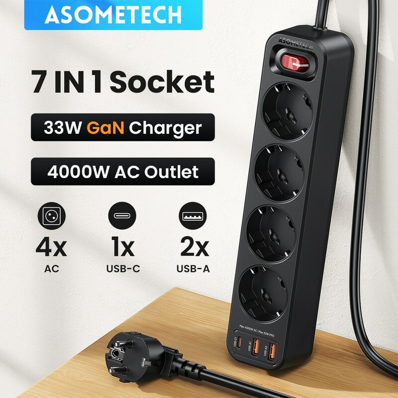 ASOMETECH 4000W Power Strip Multi Outlet 1.5M Extension Cord Netwerk Filter met 3 USB PD 33W PPS Snel opladen Surge Protector