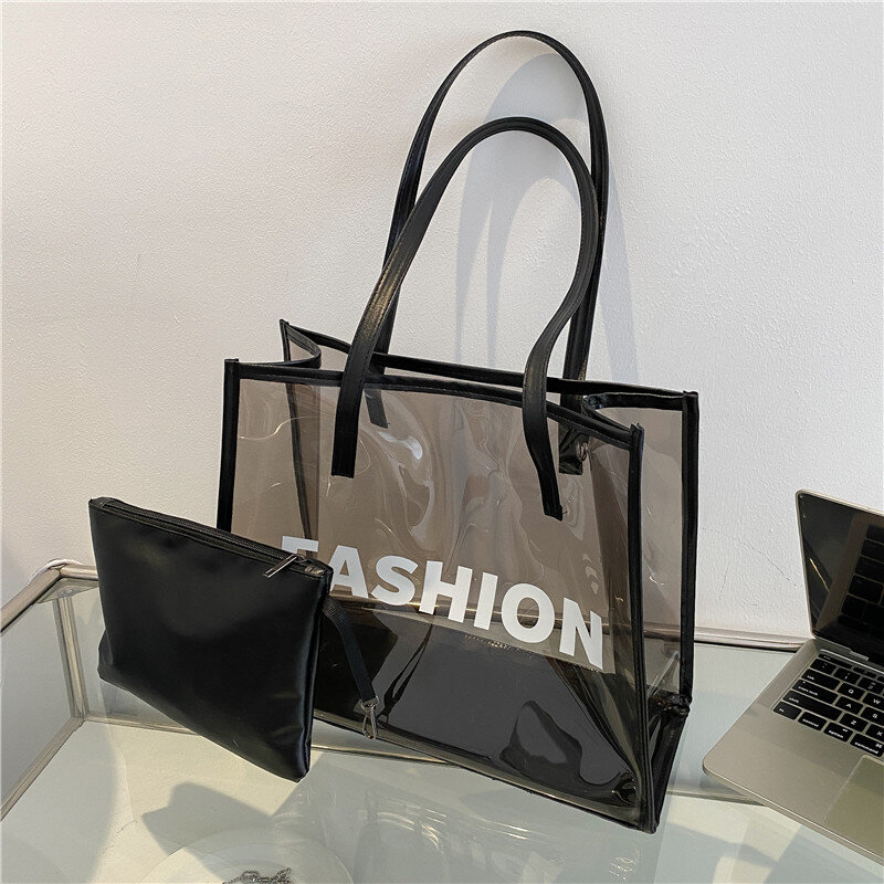 女性のための大きなサイズのバッグ,印刷された文字,PVC,ショルダーバッグ,透明なビーチバッグ,新しいコレクション