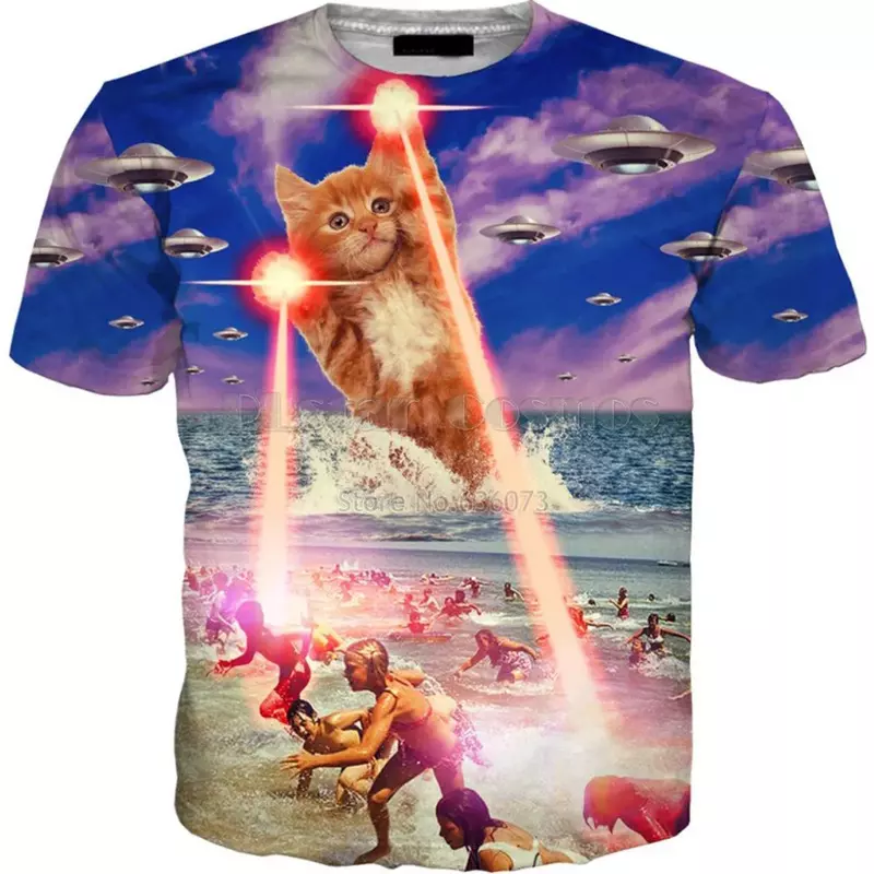 T-shirt à col rond imprimé chat amusant 3D pour hommes et femmes, pull décontracté à manches courtes, tendance de la mode, vêtements de rue