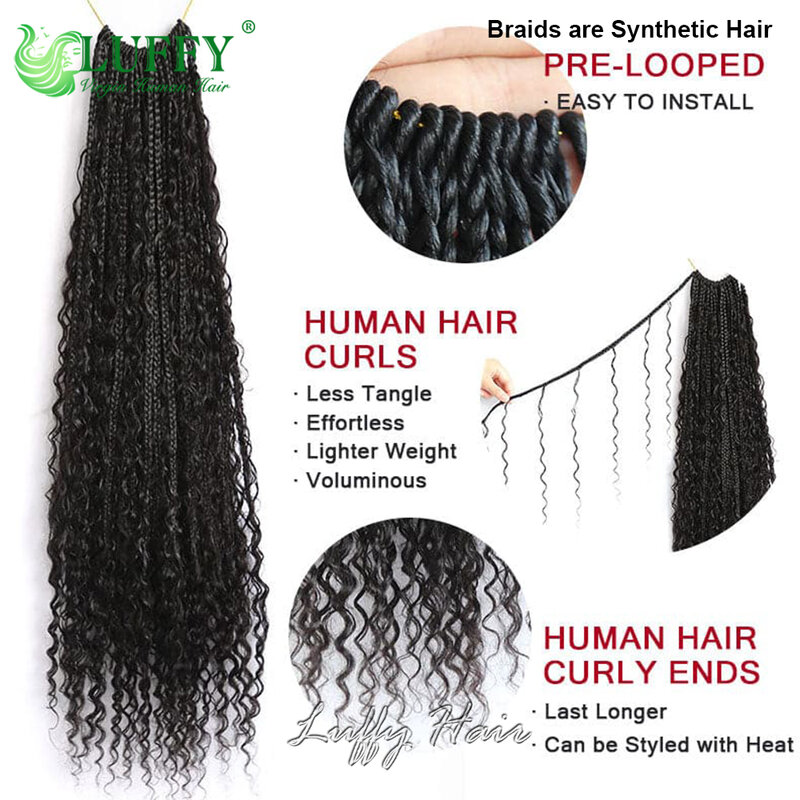 Pré-looped Boho Box Braids para mulheres negras, Crochet Hair com Ends Curly, cabelo humano encaracolado