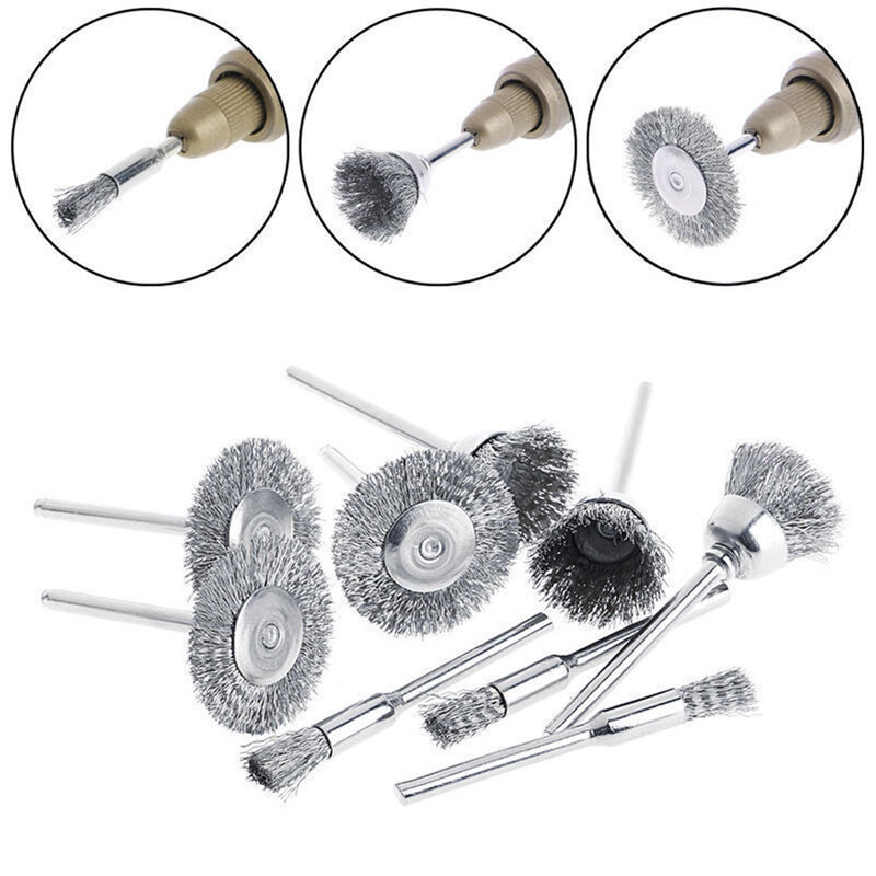 9 pçs escova de fio de aço inoxidável roda ferramenta rotativa escova de remoção de ferrugem para polimento de metal escova de limpeza
