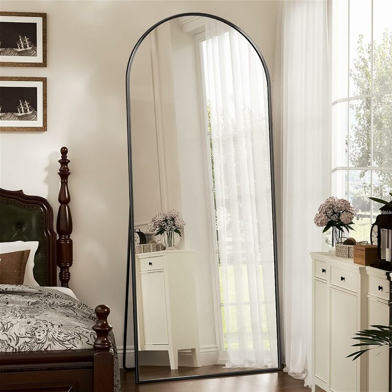 Изогнутое зеркало в полную длину, черная подставка с HD-изображением, алюминиевая рамка, стойкая к коррозии, для гостиной, 71 × 28 дюймов