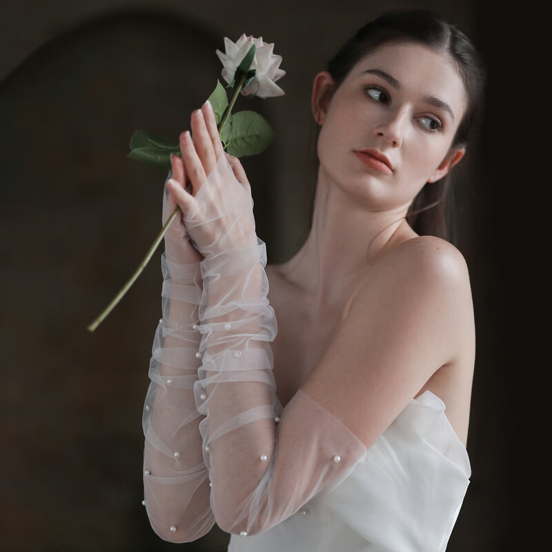 WG052 ślubne bez palców białe/czarne rękawiczki długi tiul perły panny młode druhny z rękawkiem damskie konkurs na bal ręczny