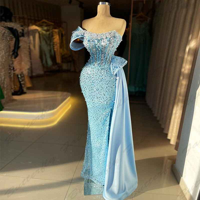 Gaun malam manik-manik mewah yang indah untuk wanita gaun pesta Formal bahu terbuka putri duyung seksi elegan 2024