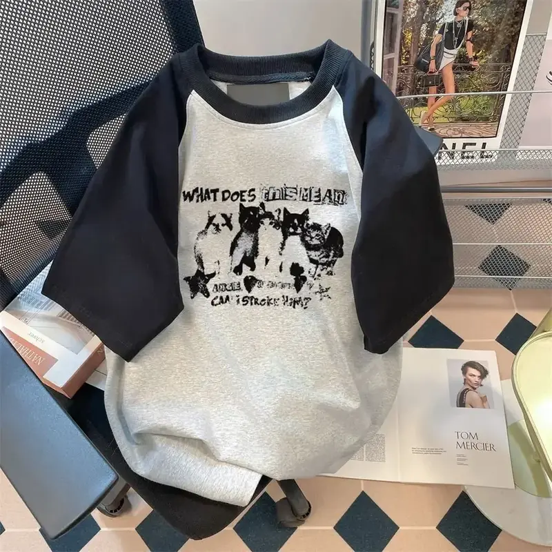Camiseta con estampado de gatito para mujer, remera Retro de algodón, holgada, Harajuku, Y2K, top y2k