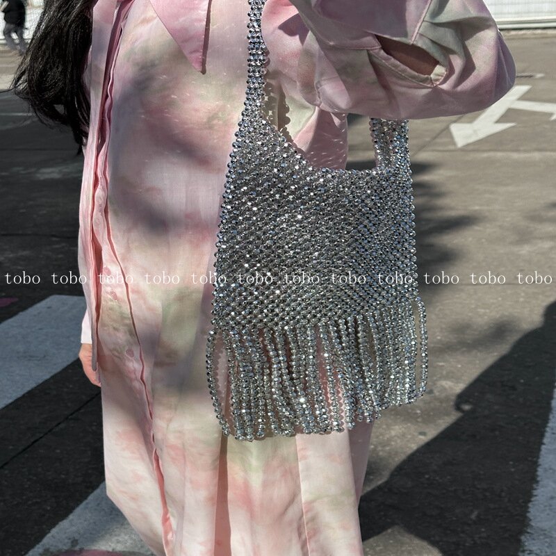 2021 nova bolsa feminina com borla prateada frisada bolsa de mão com design transparente para mulheres