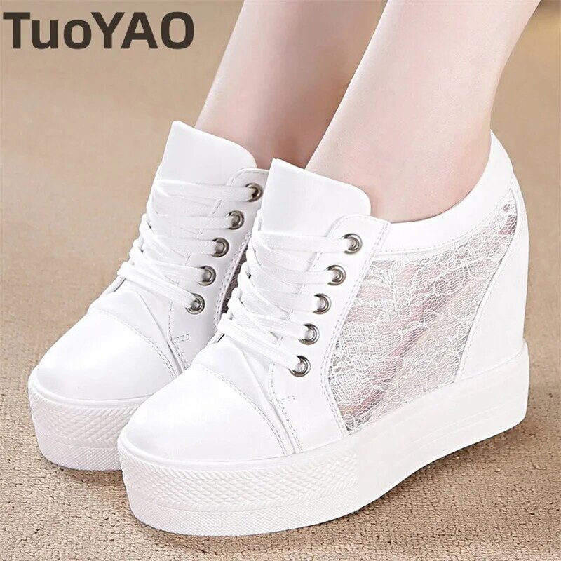 11cm New Air Mesh Cow Leather Platform Wedge High Brand Pumps Summer Fashion Chunky Sneaker Casual Hollow Comfort Shoes