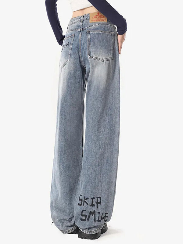 Jeans dritti larghi con stampa Graffiti coreano Oversize 4xl pantaloni in Denim Vintage a vita alta donna Design Chic Streetwear Kot Pantolon