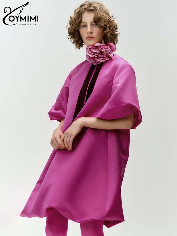 Oymimi Casual allentato rosa scuro vestito da donna elegante nuova manica a sbuffo solido o-collo abiti moda bottone Mini abiti Streetwear