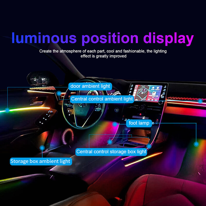 RGB Symphony Car Atmosphere Interior Luzes LED, Guia Acrílico, Fibra Óptica, Decoração Universal, Luzes Ambiente, 14 em 1, 18 em 1, 64 Cores