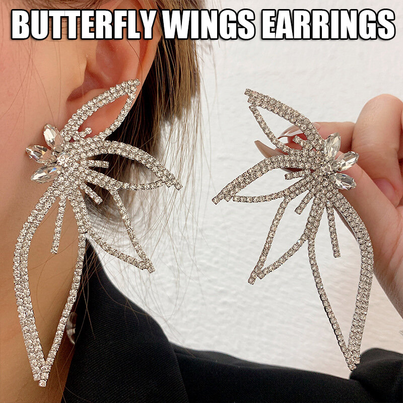 Spadek kolczyki dla kobiet dziewczynki Oversize Hollow skrzydła motyla metalowe kryształowe kolczyki zwisają biżuteria akcesoria Pendientes