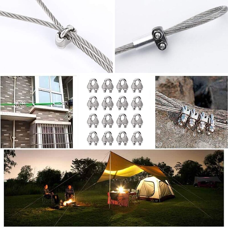 16Pcs Wire Rope Clamp U Bolt Saddle Fastener M3 Stainless Steel Rope Clamp For Rigging Rope Industry Household Tensioner