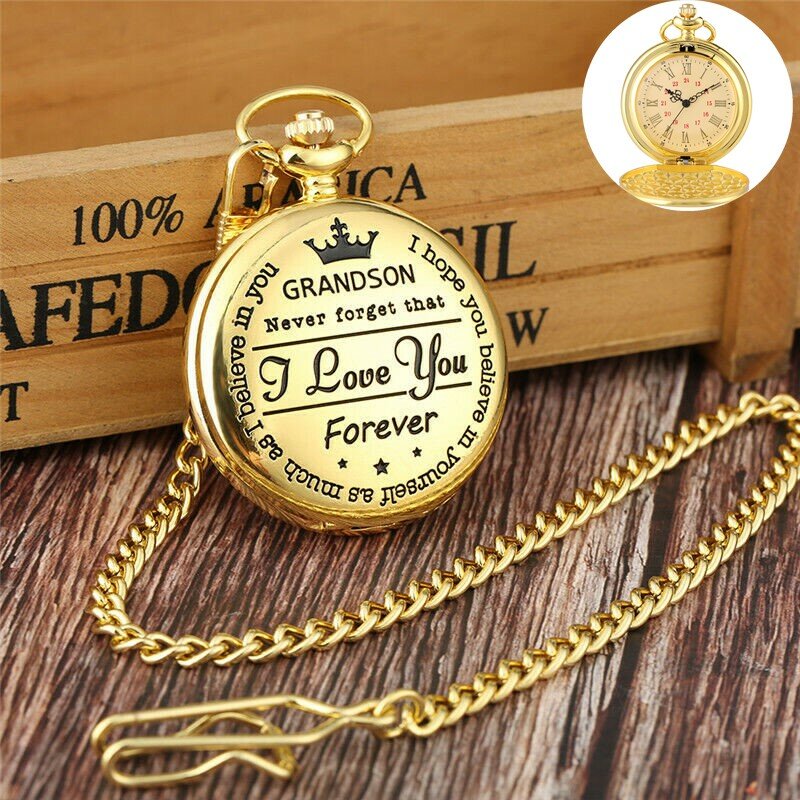 To My Grandson I Love You Forever Personalized Analog Quartz Pocket Watch for Boy Kids Fob Clock Pendant Chain Roman Number Gift