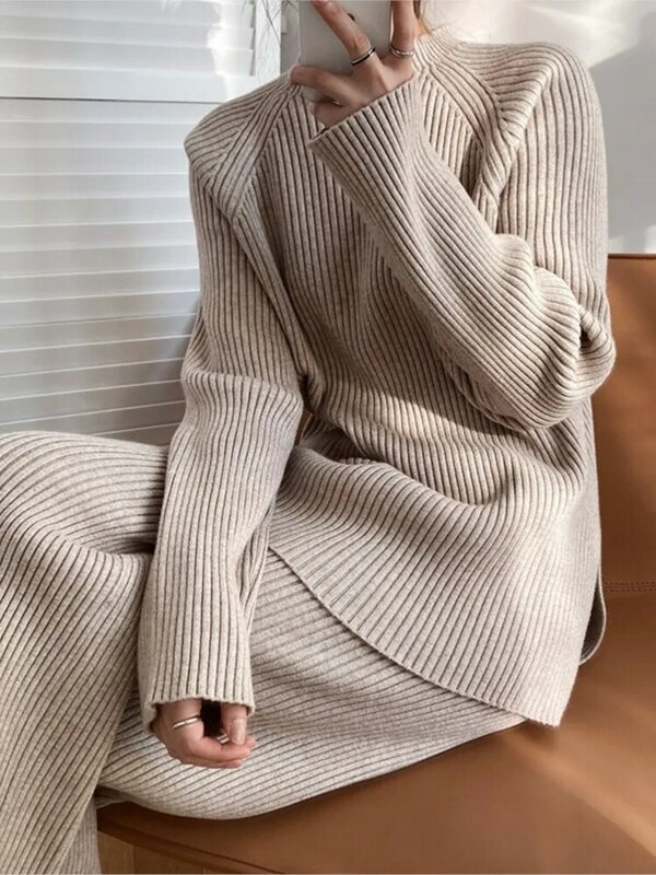 겨울 캐주얼 두꺼운 스웨터 운동복, O-넥 풀오버 및 탄성 허리 바지 정장, 여성 니트 2 피스 세트