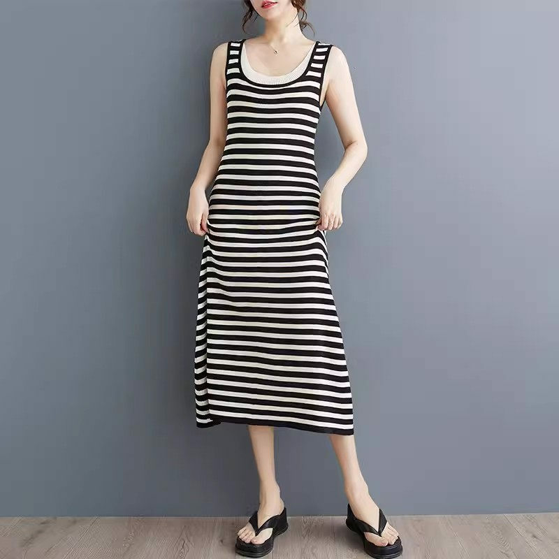 Summer Mid Length Slim Fit Versatile Stripe Base Dress 2024 Fashion Sleeveless Vest Dress For Women Vestidos K741