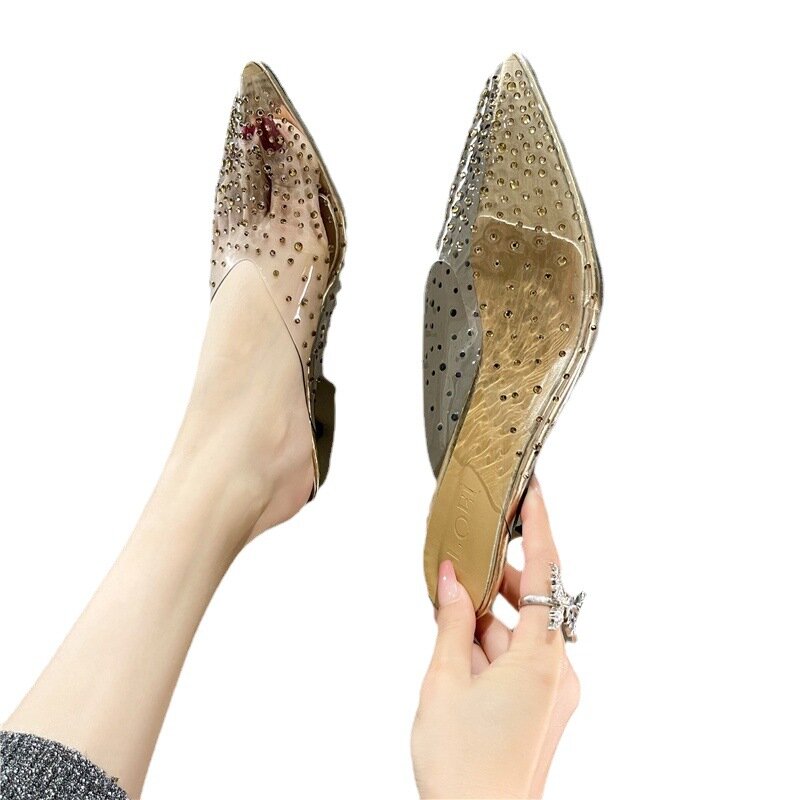 Nowy letni koreański styl spiczaste sandały stylowe na niskim obcasie damskie buty nosek ochronny półpantofel Sexy cyrkonie kapcie na zewnątrz