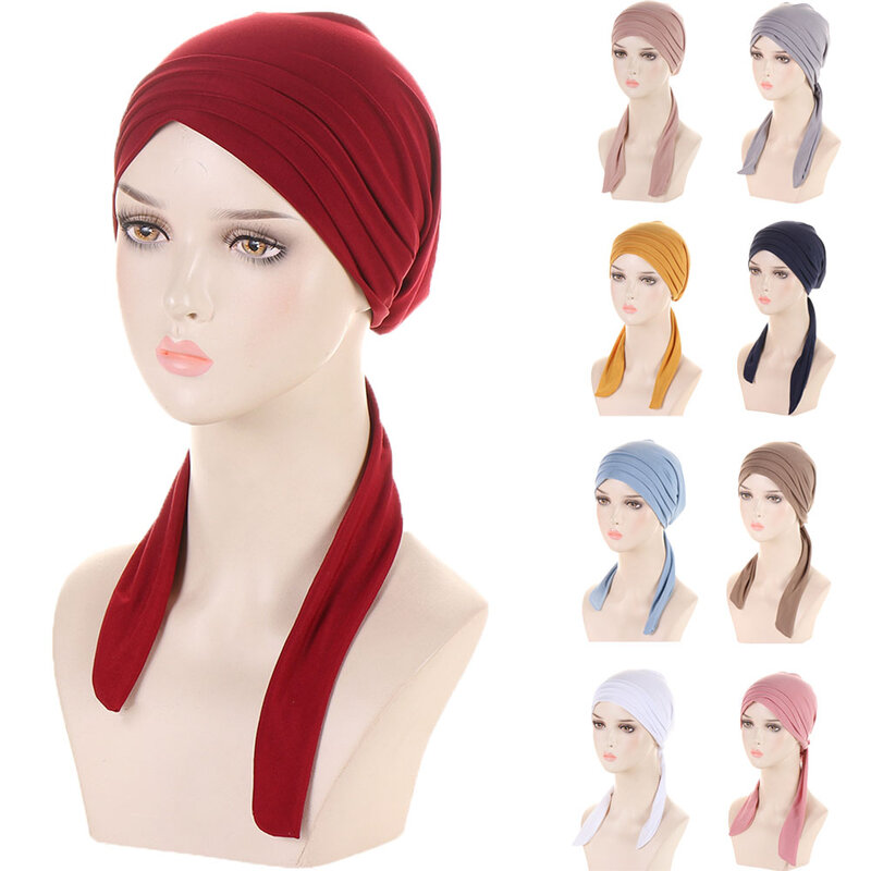 Muslim Women Stretch Solid Wrinkle Turban Hat Cancer Chemo Beanies Caps Pre-Tied Scarf Headwear Headwrap Plated Hair Accessories