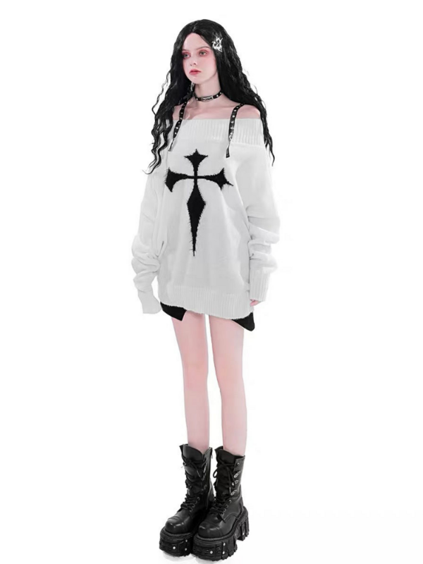 Осень 2022, женский свитер с длинным рукавом, Осенние Пуловеры в стиле панк, Y2k Goth Dark, вязаные топы с открытыми плечами