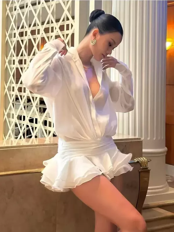 TARUXY-minivestido de gasa blanco para mujer, Vestido camisero informal holgado de gran tamaño, plisado, transparente, elegante, para playa y verano